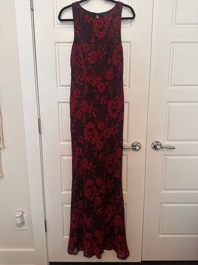 Alice + Olivia Black Maxi Dress with Red Floral Lace Overlay